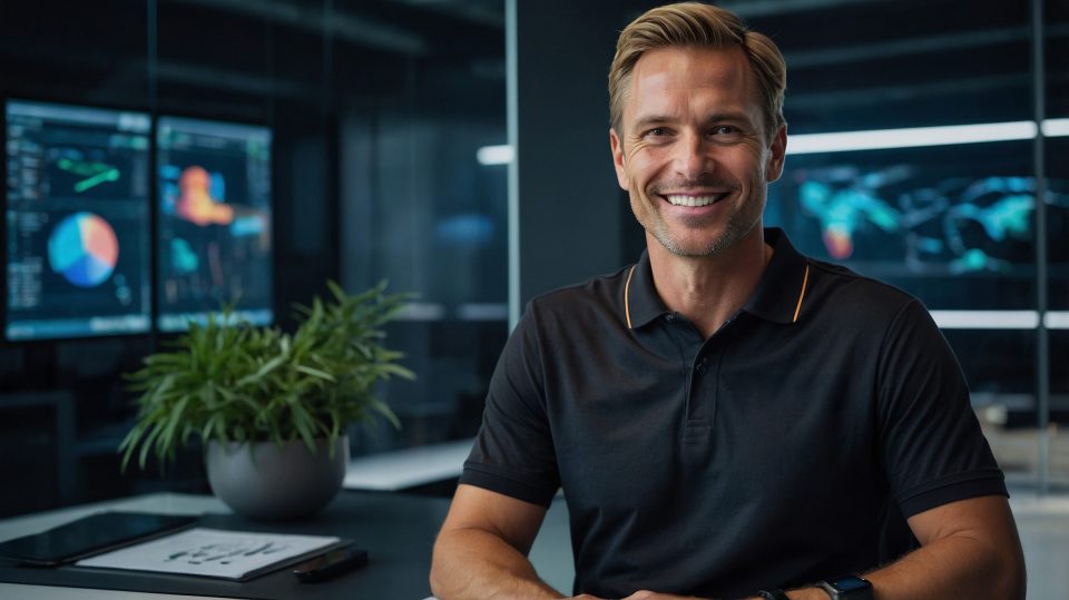 Leonardo Kino XL A smiling charismatic male CFO in his late 30 1