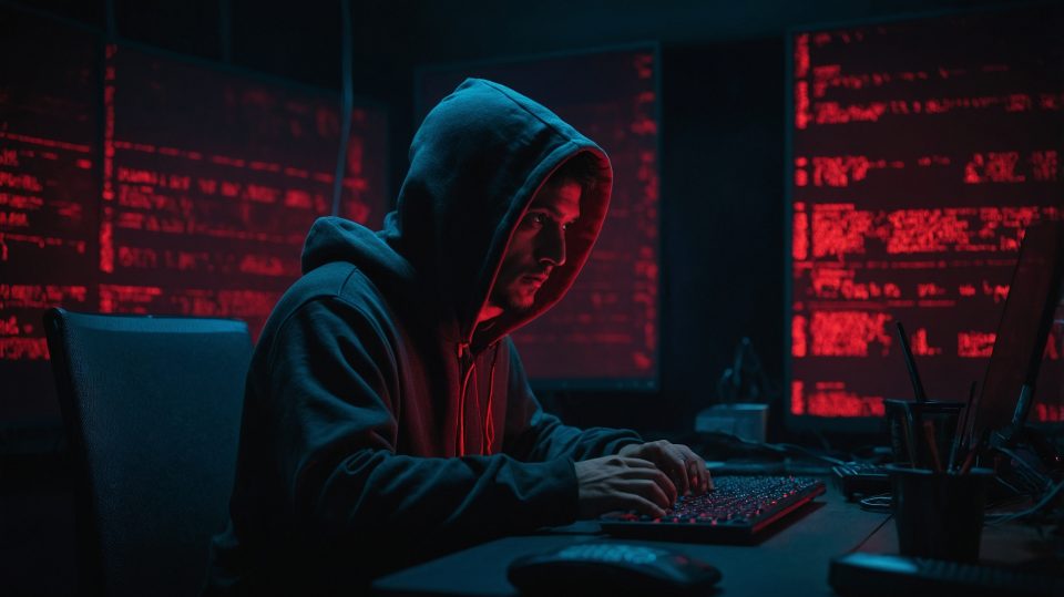 AI in Cybersecurity: Preparing for AI-Driven Attacks and Defense Mechanisms 1 A hacker in a hoodie sits in a dark room lit only by the glow of multiple screens. AI-generated phishing emails, deepfake video clips, and adaptive malware code are displayed. The lighting is moody with red highlights. The atmosphere is eerie and high-stakes, showing how AI is now part of the attack.