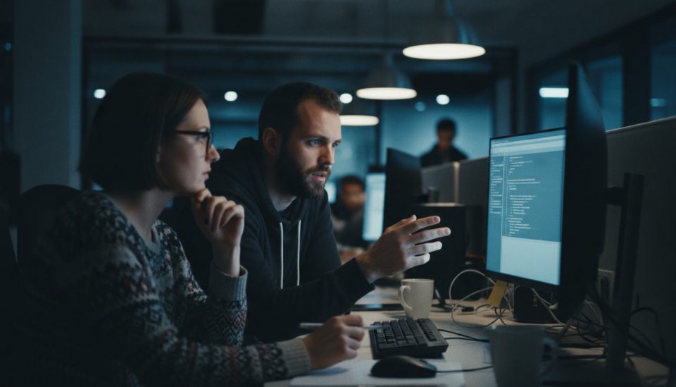 gemini 2.5 flash image high resolution stock photo of Photorealistic low light image of two software de 2